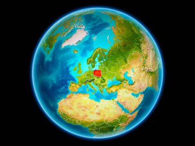 Polonya uzaydan görünür ülke sınırları kırmızı. 3D çizim. Nasa tarafından döşenmiş bu görüntü unsurları.