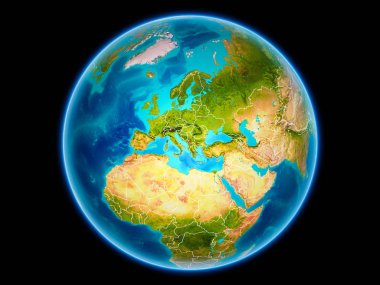 Kosova uzaydan görünür ülke sınırları kırmızı. 3D çizim. Nasa tarafından döşenmiş bu görüntü unsurları.