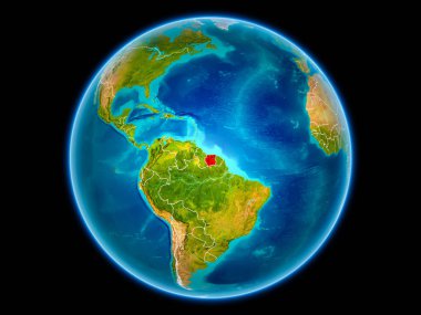 Surinam uzaydan görünür ülke sınırları kırmızı. 3D çizim. Nasa tarafından döşenmiş bu görüntü unsurları.