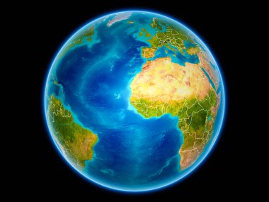 Gambiya uzaydan görünür ülke sınırları kırmızı. 3D çizim. Nasa tarafından döşenmiş bu görüntü unsurları.