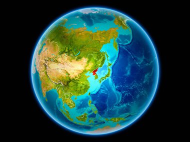 Kuzey Kore Kırmızı uzaydan görünür ülke sınırları ile. 3D çizim. Nasa tarafından döşenmiş bu görüntü unsurları.