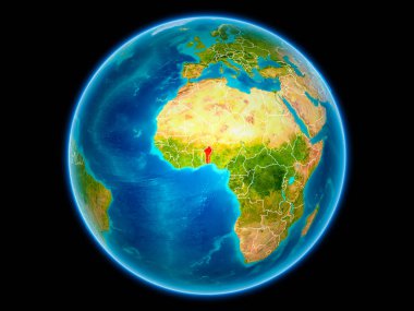Benin uzaydan görünür ülke sınırları kırmızı. 3D çizim. Nasa tarafından döşenmiş bu görüntü unsurları.