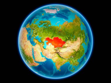 Kazakistan uzaydan görünür ülke sınırları kırmızı. 3D çizim. Nasa tarafından döşenmiş bu görüntü unsurları.