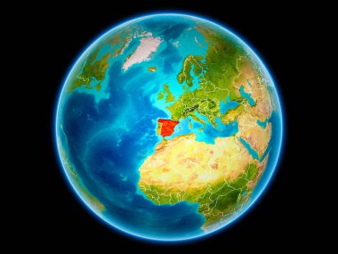 İspanya uzaydan görünür ülke sınırları kırmızı. 3D çizim. Nasa tarafından döşenmiş bu görüntü unsurları.