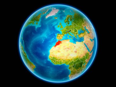 Fas uzaydan görünür ülke sınırları kırmızı. 3D çizim. Nasa tarafından döşenmiş bu görüntü unsurları.