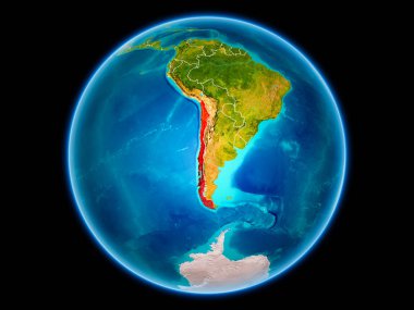 Şili uzaydan görünür ülke sınırları kırmızı. 3D çizim. Nasa tarafından döşenmiş bu görüntü unsurları.