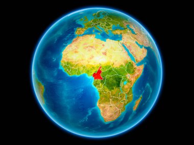 Kamerun uzaydan görünür ülke sınırları kırmızı. 3D çizim. Nasa tarafından döşenmiş bu görüntü unsurları.