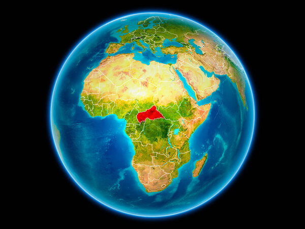 Central Africa in red with visible country borders from space. 3D illustration. Elements of this image furnished by NASA.
