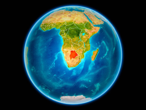 Botswana in red with visible country borders from space. 3D illustration. Elements of this image furnished by NASA.