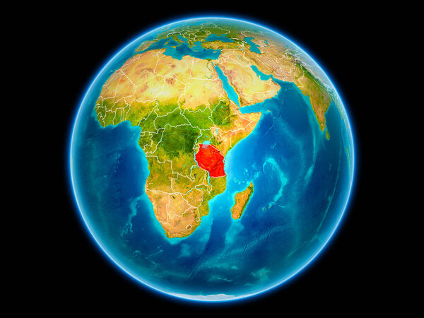 Tanzania in red with visible country borders from space. 3D illustration. Elements of this image furnished by NASA.