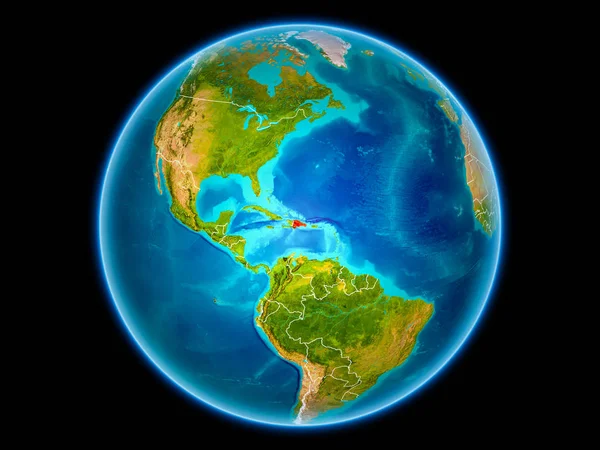 多米尼加共和国在红色与可看见的国家边界从空间 Nasa 提供的这个图像的元素 — 图库照片