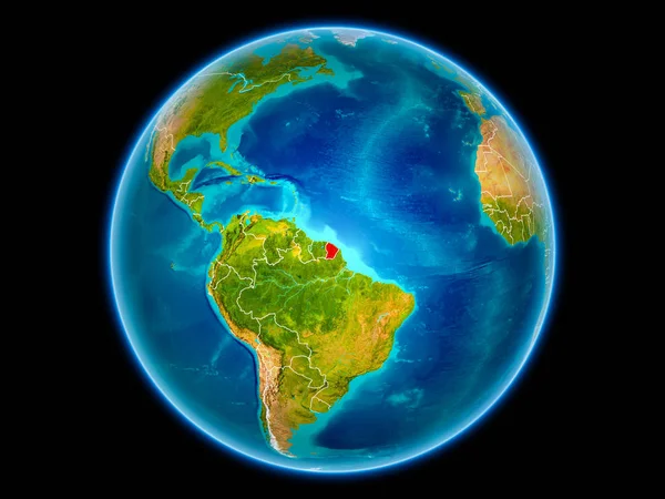 法属圭亚那在红色与可看见的国家边界从空间 Nasa 提供的这个图像的元素 — 图库照片