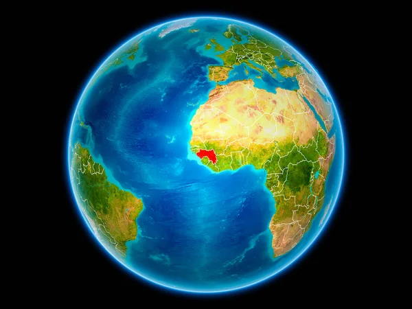 Guinea in red with visible country borders from space. 3D illustration. Elements of this image furnished by NASA.