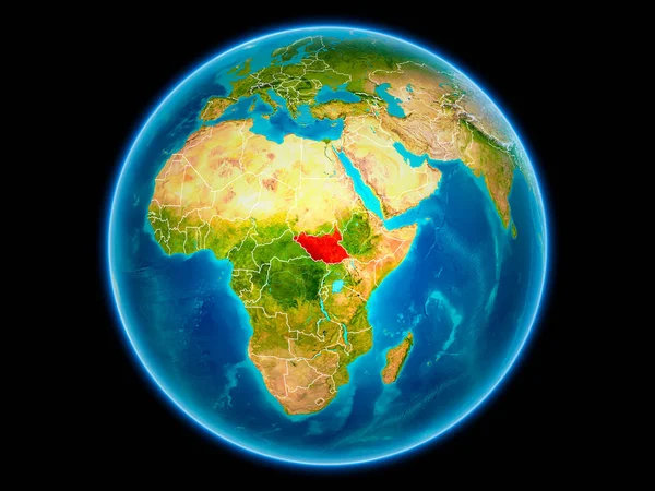Sudan Del Sud Rosso Con Confini Nazionali Visibili Dallo Spazio — Foto Stock