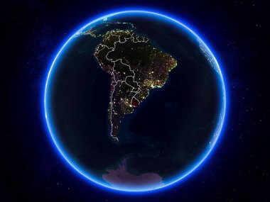 Uruguay görünür Kenarlıklar ve şehir ışıkları ile gece Planet Earth kırmızı vurgulanır. 3D çizim. Nasa tarafından döşenmiş bu görüntü unsurları.