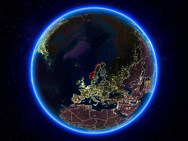 Norge Rödmarkerade Planeten Jorden Natten Med Synliga Kantlinjer Och Stadens — Stockfoto