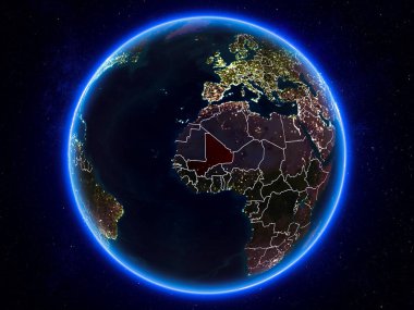 Mali görünür Kenarlıklar ve şehir ışıkları ile gece Planet Earth kırmızı vurgulanır. 3D çizim. Nasa tarafından döşenmiş bu görüntü unsurları.