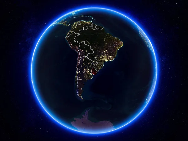 Uruguay Highlighted Red Planet Earth Night Visible Borders City Lights — Stock Photo, Image