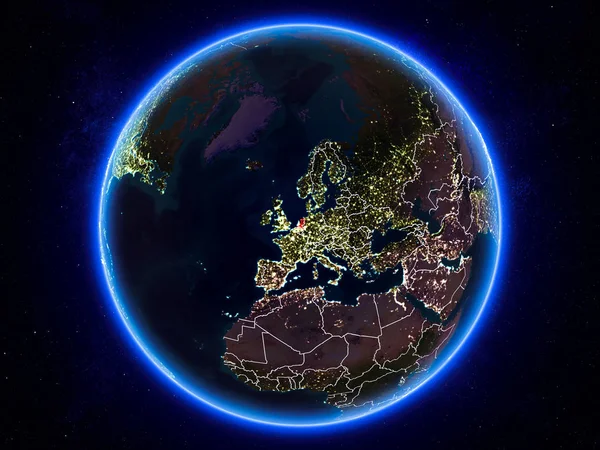 Nizozemsko Zvýrazněny Červeně Planetě Zemi Noci Viditelná Ohraničení Světla Města — Stock fotografie