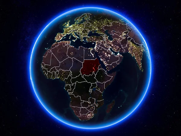 スーダン可視境界線と街の明かりで夜地球上の赤で強調表示されます イラスト Nasa から提供されたこのイメージの要素 — ストック写真