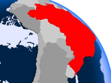 Kırmızı şeffaf okyanuslar ile dünya üzerinde vurgulanan Brezilya Illustration. 3D çizim.