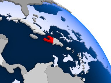 Kırmızı şeffaf okyanuslar ile dünya üzerinde vurgulanan Haiti Illustration. 3D çizim.