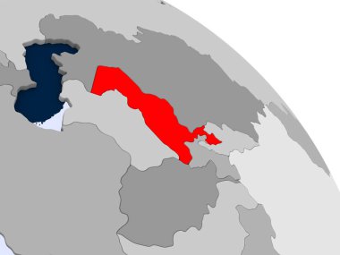 Kırmızı şeffaf okyanuslar ile dünya üzerinde vurgulanan Özbekistan Illustration. 3D çizim.