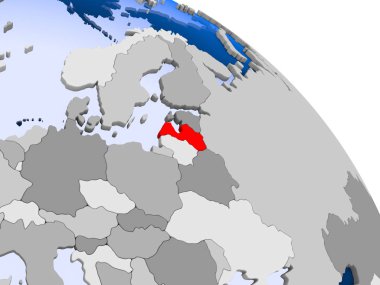 Kırmızı şeffaf okyanuslar ile dünya üzerinde vurgulanan Letonya Illustration. 3D çizim.