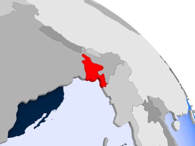 Kırmızı şeffaf okyanuslar ile dünya üzerinde vurgulanan Bangladeş Illustration. 3D çizim.