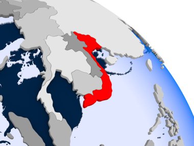 Kırmızı şeffaf okyanuslar ile dünya üzerinde vurgulanan Vietnam Illustration. 3D çizim.
