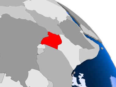 Kırmızı şeffaf okyanuslar ile dünya üzerinde vurgulanan Uganda Illustration. 3D çizim.