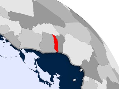 Kırmızı şeffaf okyanuslar ile dünya üzerinde vurgulanan Togo Illustration. 3D çizim.