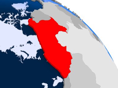 Kırmızı şeffaf okyanuslar ile dünya üzerinde vurgulanan Peru Illustration. 3D çizim.