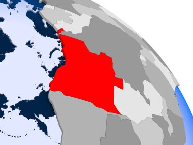 Kırmızı şeffaf okyanuslar ile dünya üzerinde vurgulanan Angola Illustration. 3D çizim.