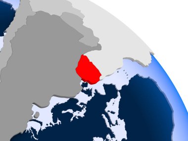 Kırmızı şeffaf okyanuslar ile dünya üzerinde vurgulanan Uruguay Illustration. 3D çizim.