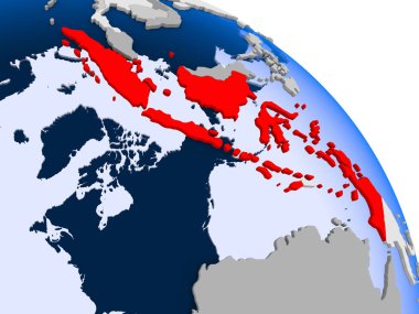 Kırmızı şeffaf okyanuslar ile dünya üzerinde vurgulanan Endonezya Illustration. 3D çizim.