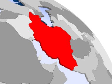 Kırmızı şeffaf okyanuslar ile dünya üzerinde vurgulanan Iran Illustration. 3D çizim.