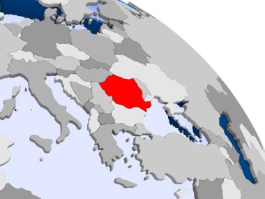 Kırmızı şeffaf okyanuslar ile dünya üzerinde vurgulanan Romanya Illustration. 3D çizim.