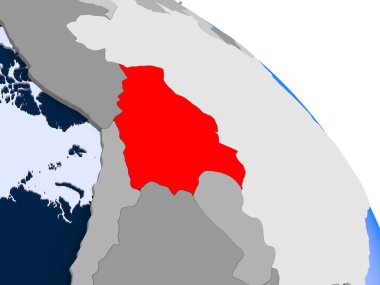 İllüstrasyon kırmızı şeffaf okyanuslar ile dünya üzerinde vurgulanan Bolivya'nın. 3D çizim.