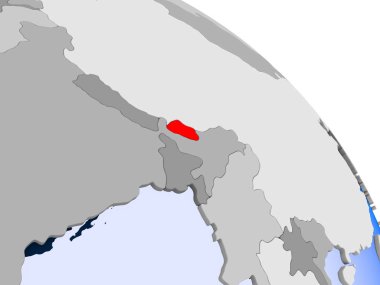 Kırmızı şeffaf okyanuslar ile dünya üzerinde vurgulanan Bhutan Illustration. 3D çizim.