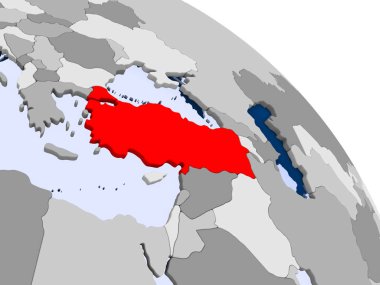 İllüstrasyon kırmızı şeffaf okyanuslar ile dünya üzerinde vurgulanan Türkiye'nin. 3D çizim.