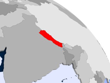 Kırmızı şeffaf okyanuslar ile dünya üzerinde vurgulanan Nepal Illustration. 3D çizim.