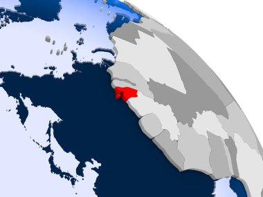 Gine-Bissau kırmızı şeffaf okyanuslar ile dünya üzerinde vurgulanan Illustration. 3D çizim.