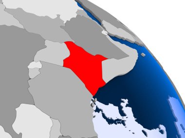 Kırmızı şeffaf okyanuslar ile dünya üzerinde vurgulanan Kenya Illustration. 3D çizim.