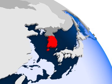 Güney Kore Kırmızı şeffaf okyanuslar ile dünya üzerinde vurgulanan Illustration. 3D çizim.