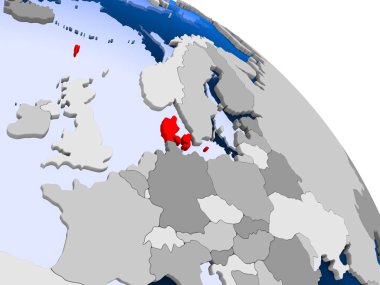 Kırmızı şeffaf okyanuslar ile dünya üzerinde vurgulanan Danimarka Illustration. 3D çizim.