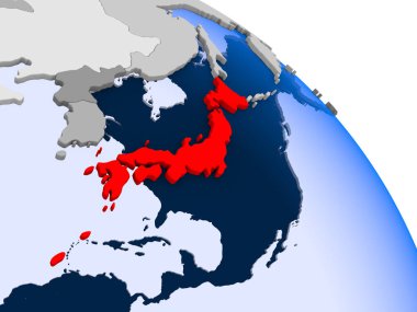 Kırmızı şeffaf okyanuslar ile dünya üzerinde vurgulanan Japonya Illustration. 3D çizim.