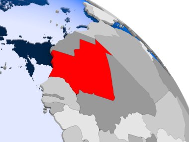 Kırmızı şeffaf okyanuslar ile dünya üzerinde vurgulanan Moritanya Illustration. 3D çizim.