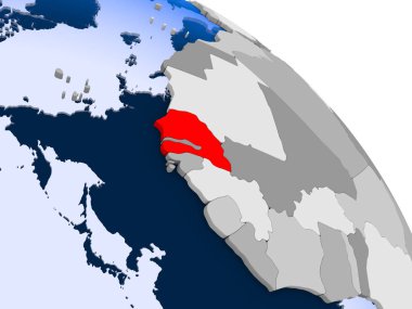 Kırmızı şeffaf okyanuslar ile dünya üzerinde vurgulanan Senegal Illustration. 3D çizim.