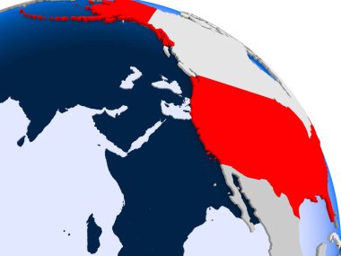 Kırmızı şeffaf okyanuslar ile dünya üzerinde vurgulanan ABD Illustration. 3D çizim.